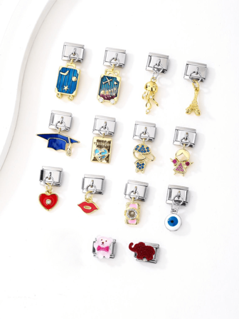 1 件不锈钢意大利模块手链组件，带手提箱、恶魔之眼、埃菲尔铁塔等吊坠，DIY 制作手链项链首饰，可自由搭配不同风格