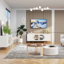 Modern TV Stand For TVs Up To 70+ Inch, Glass Door Television Console Table With Gold Leg, Entertainment Center With Storage Cabinet, Wood Media Furniture For Bedroom, Living Room - trắng - Xem 4