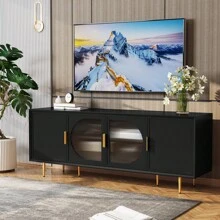 Modern TV Stand For TVs Up To 70+ Inch, Glass Door Television Console Table With Gold Leg, Entertainment Center With Storage Cabinet, Wood Media Furniture For Bedroom, Living Room - màu đen - Xem 1