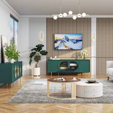 Modern TV Stand For TVs Up To 70+ Inch, Glass Door Television Console Table With Gold Leg, Entertainment Center With Storage Cabinet, Wood Media Furniture For Bedroom, Living Room - 綠色 - 查看 4