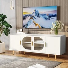 Modern TV Stand For TVs Up To 70+ Inch, Glass Door Television Console Table With Gold Leg, Entertainment Center With Storage Cabinet, Wood Media Furniture For Bedroom, Living Room - trắng - Xem 1