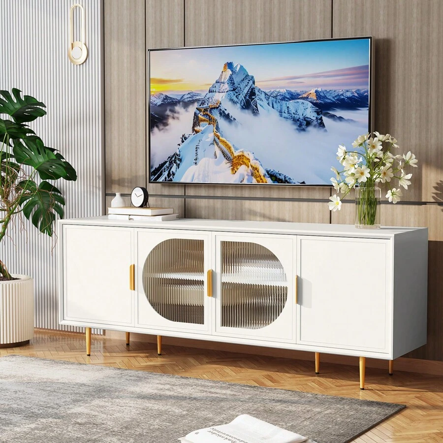 Modern TV Stand For TVs Up To 70+ Inch, Glass Door Television Console Table With Gold Leg, Entertainment Center With Storage Cabinet, Wood Media Furniture For Bedroom, Living Room - trắng - Xem 1