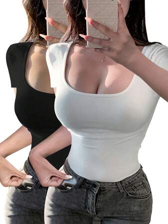 2 件女式夏季纯色休闲短款 T 恤