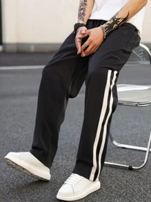 1 件男士春夏休闲裤，时尚条纹宽松运动长裤，适合户外徒步、海滩、通勤、跑步、健身、日常休闲，直筒运动服 - 黑色 - 查看 3