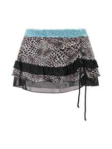 Women Mini Short Skirt Low Waisted Leopard Print Ruffle Lace Edge Fashion Short Skirt - Mint Blue - View 5