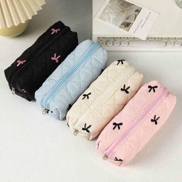 1pc Bowknot Decor Large Capacity Student Pencil Case, Ditsy Floral Pattern Desk Storage Pouch, Portable Stationery Organizer,Pencil Pouch,School Bag