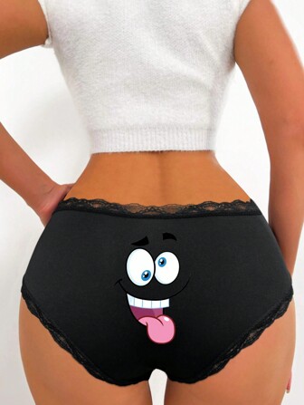 女士臀部印花内裤 趣味卡通表情印花轻质舒适三角裤