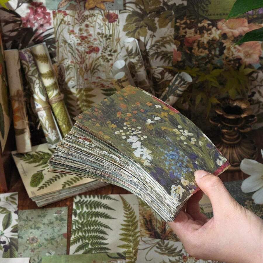 200 张复古剪贴簿纸，秋季花卉和绿色蕨类主题美学剪贴簿纸，复古绿色森林和秋季图案墙壁拼贴剪贴簿用品工艺装饰纸用于房间墙壁感恩节装饰纸卡片制作礼物 - 均碼 - 查看 1