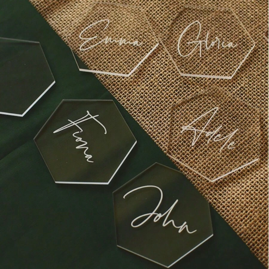 10pcs/20pcs Acrylic Transparent Hexagon Label Cards, Wedding Table Decoration DIY Number Cards, Party Place Cards, Handwritten Cards