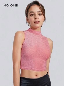 Slim Fit Crop Top Shiny Spandex Muscle Shirt - 粉色 - 查看 3