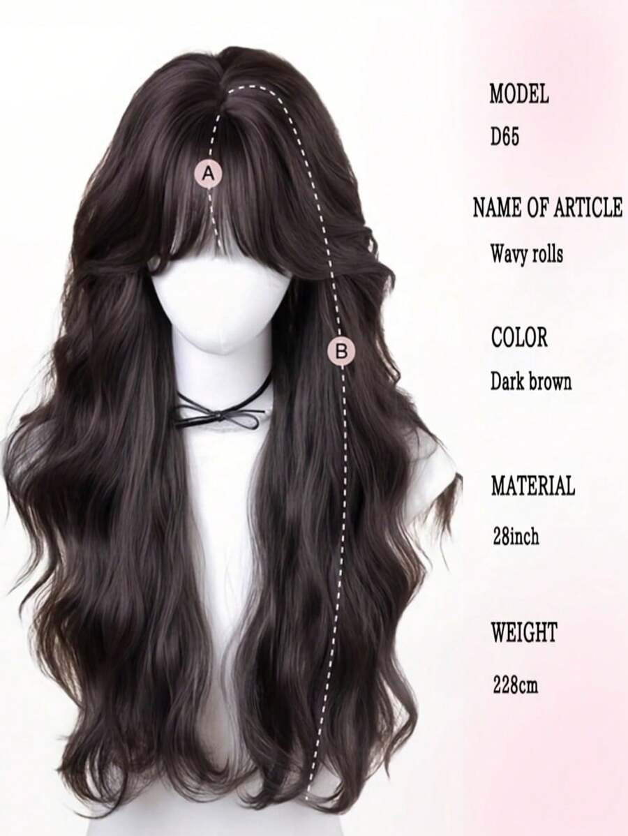 女士优雅 28 英寸长卷发合成假发，带黑棕色刘海，外观自然，适合日常使用 - 黑棕色 - 查看 1