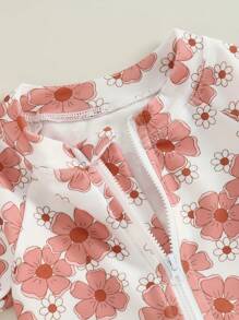 Baby Girls Swimsuit Long Sleeve Flower Print Zipped Bikini With Hat Newborn Swimwear Summer Bathing Suit - Pink - View 4