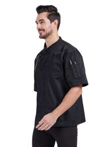 Men's Solid Color Double-Breasted Short Sleeve Chef Shirt With Breathable Mesh Panels, Suitable For Restaurant Kitchens - Black - View 2
