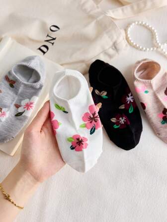 5双女式踝袜，隐形袜，花卉简约水手袜，适合所有季节，颜色随机