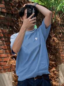 Men & Women Casual Loose Fit Colorful Striped Decorative Edge Short Sleeve Knit Pullover Sweater, Fresh And Energetic Embroidered Heart Design, Round Neck Knitwear, Spring/Summer - Blue - View 5