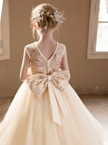 少女香槟色长款舞会礼服，配大蝴蝶结、薄纱舞会礼服 - 香檳色 - 查看 9