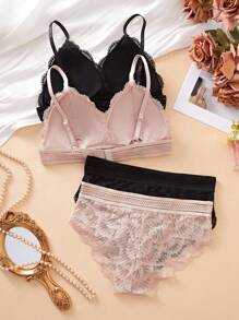 2 ZESTAWY damskiej, wygodnej, koronkowej bielizny bez fiszbin, seksownej bielizny damskiej z koronką w kwiaty