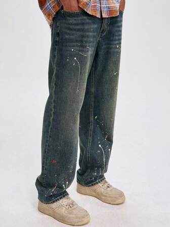 青少年男孩美式复古水洗印花休闲牛仔裤，春秋季新款复古涂鸦直筒长裤青少年男孩