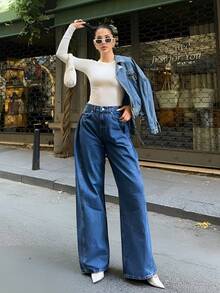 SQUALO Pantalones vaqueros de tiro alto y pierna ancha | Diseño relajado y elegante - Azul - Ver 3