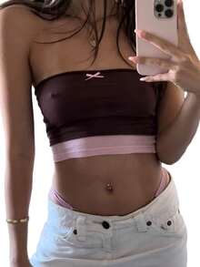 Women Elastic Basic Bandeau Summer Contrast Color Off-Shoulder Crop Tops Streetwear Club Wear - 棕色 - View 3
