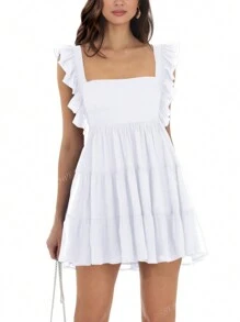 Square Neck Pleated Ruffles Mini Dress Women Summer Cute Frill Sleeveless Sexy Backless Lace Up Dresses