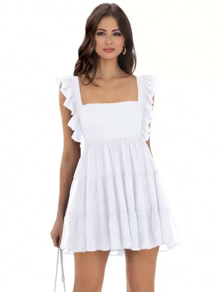 Square Neck Pleated Ruffles Mini Dress Women Summer Cute Frill Sleeveless Sexy Backless Lace Up Dresses - White - View 1