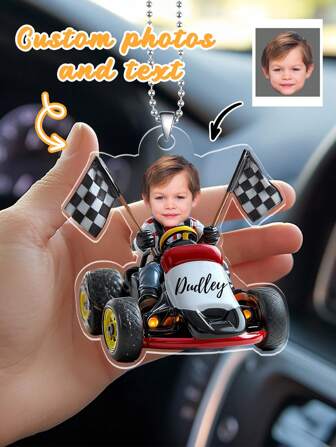 1pc Customized Photo Acrylic Car Pendant, Personalized Customize Name Car Interior Decoration, Go Kart Pattern Design, With Your Photo, Unique Acrylic Car Pendant, Customized Car Accessories, Perfect Personalized Decoration Of Your Car, High-Quality Acrylic Car Pendant With Customized Photos, Suitable As A Gift,Graphic Print