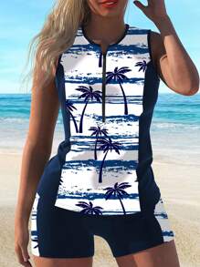 AguaCube Print Tankini Set For Women - Stretchy Polyester & Elastane, Shoulder-Baring Design With Shorts Bottoms, Machine Washable, Coconut Tree Print Swimwear - 藍色 - 查看 1