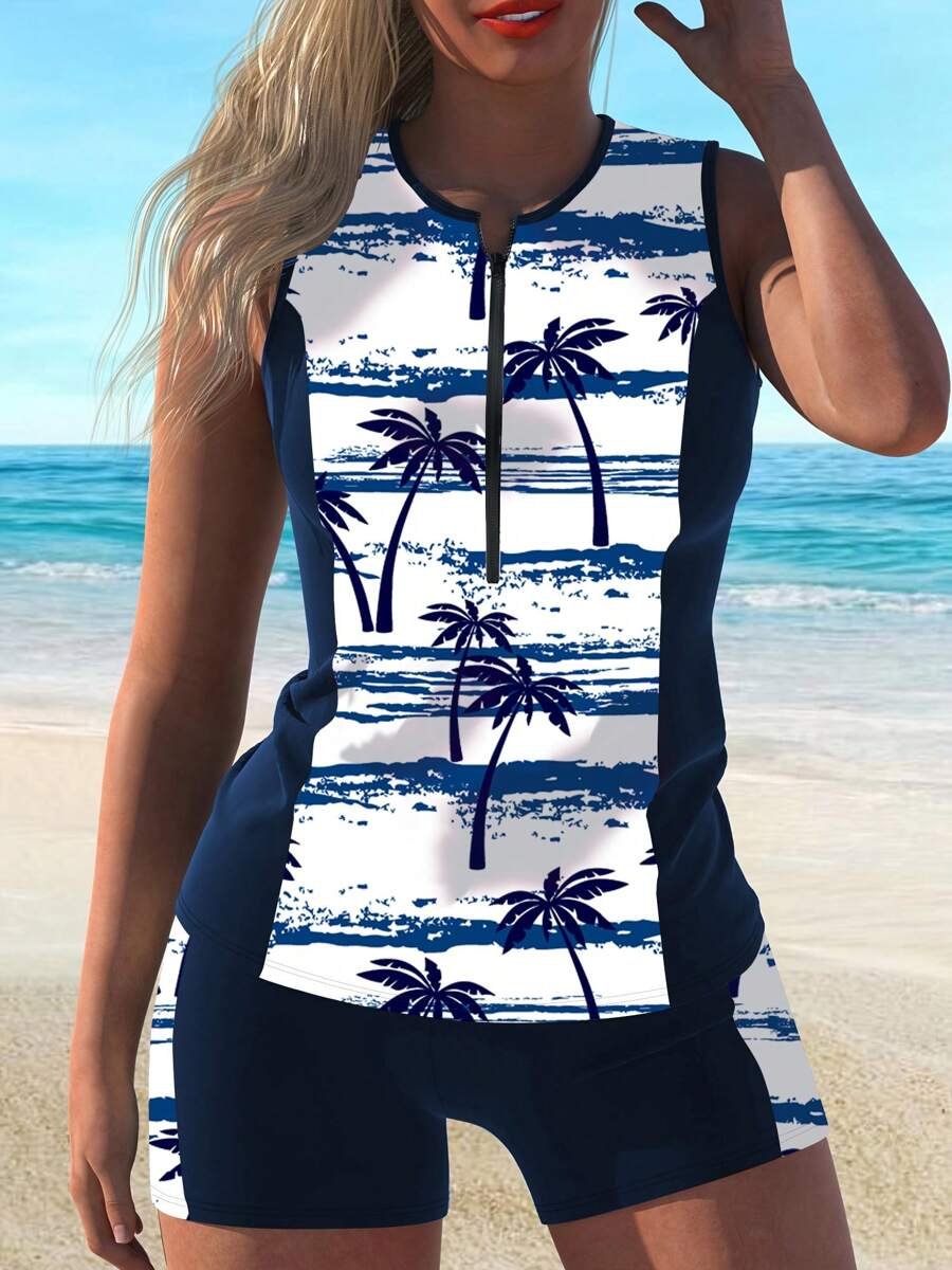 AguaCube Print Tankini Set For Women - Stretchy Polyester & Elastane, Shoulder-Baring Design With Shorts Bottoms, Machine Washable, Coconut Tree Print Swimwear - 藍色 - 查看 1