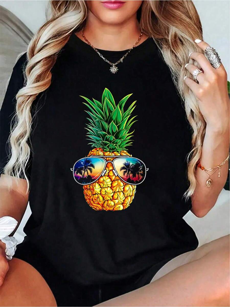 Pineapple Aloha Beaches Hawaii Hawaiian Women Men T-Shirt T-Shirt Women Fashion Tshirt Woman Print Short Sleeved Round Neck Women Holiday Tee Top - Black - View 1