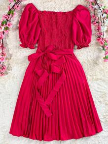 Pleated Midi Dress With Elastex Waist - Hot Pink - View 1
