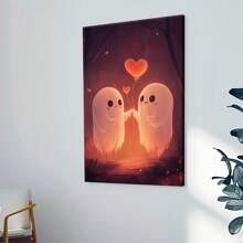 1pc Romantic Ghosts & HeartShaped Balloon Canvas Print  " Wooden Framed, Wrapped Wall Art | Whimsical Fort Scene With Sweet Characters | Ideal For Living Room, Bedroom, Kitchen Decor | Thoughtful Valentine's Gift, Bathroom Decoration|Playful Dign|Warm Color Palette, Boho Decor, 2D, Perfect For Room Decor