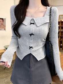 Retro American Style Bowknot Collar Long Sleeve T-Shirt For Women, Waist Cinched Slim Fit Casual Tee