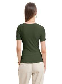 QGEMANWU Women's Summer Scoop Neck Short Sleeve T-Shirts Ribbed Knit Slim Fitted Casual Basic Top - 橄欖綠 - 查看 2