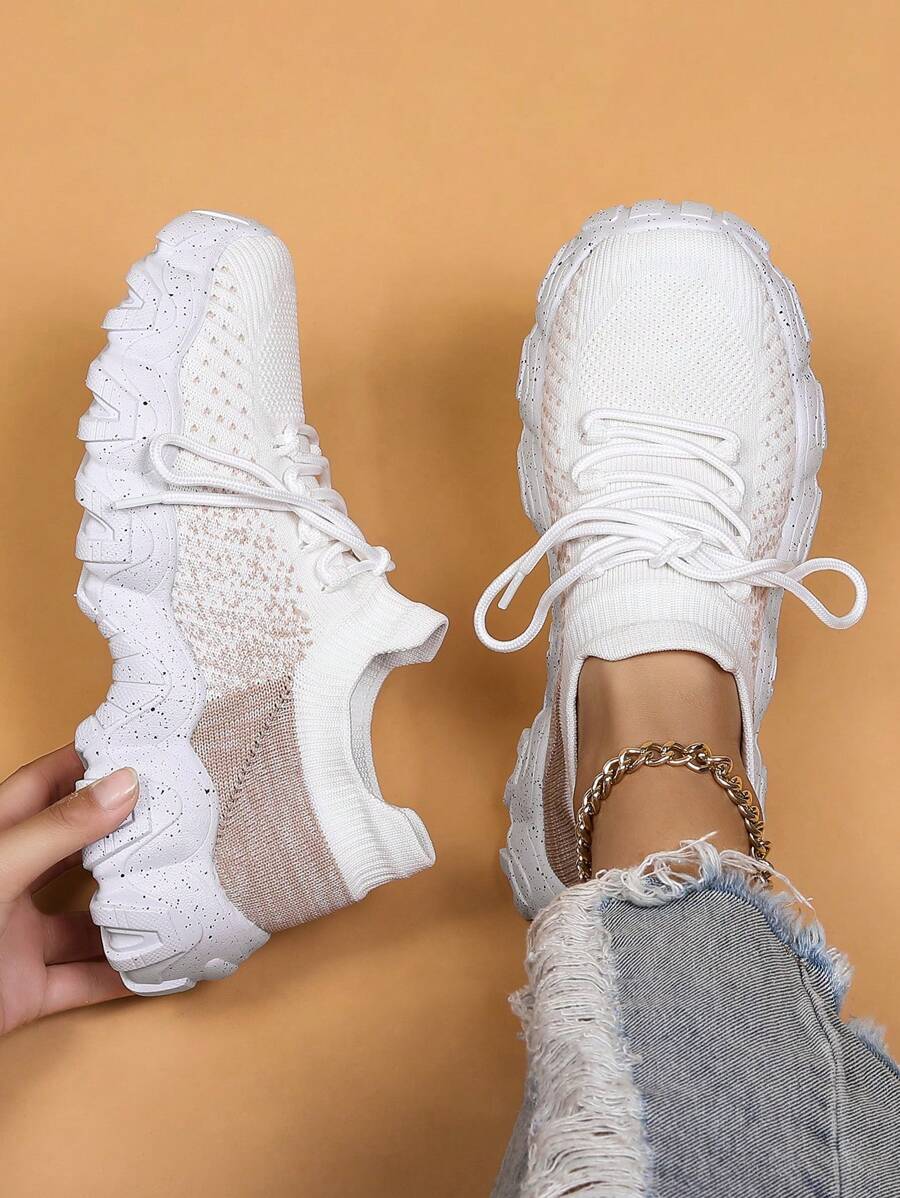 女士 2025 年春季新款流行厚底休闲运动鞋，百搭雪花潮流运动鞋 - 白色 - 查看 1