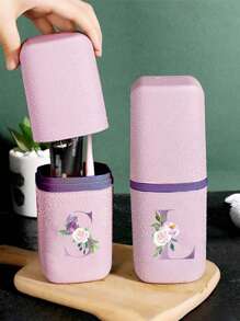 一套便携式旅行牙刷盒，字母系列印花，包含带盖漱口杯、牙膏牙刷收纳盒，浴室配件，户外旅行牙刷牙膏收纳盒，防尘整理盒，旅行必备，返校用品 - 粉色 - 查看 4