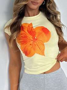 Camiseta gráfica de manga corta de cuello redondo ajustada y dulce con estampado floral de verano para mujeres Vaiaye