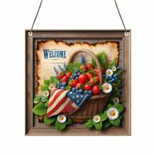 1 PIEZA "¡Hola, primavera!" Letrero de bienvenida con diseño de fresa - Cartel cuadrado de madera para colgar en la puerta o pared, con diseño de guirnalda, excelente para decoración de estilo granja y porche, buen letrero de bienvenida de primavera, decoración de primavera - Tablón de madera - cuadrado - Ver 1