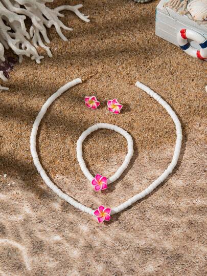 1 Set Plumeria Flower Shaped White Ceramic Jewelry Set - Includes 1 Pair Earrings And 1 Necklace, Beach/Vacation Style Summer Surfing Bracelet Necklace Travel Souvenir