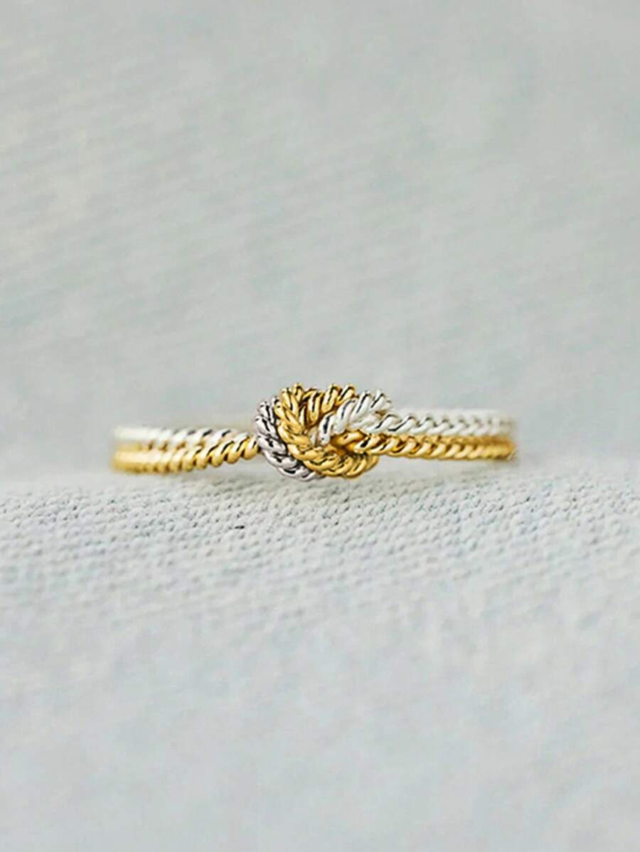 1 件女式双股扭结带戒指，简约时尚经典天使结绳银色/金色戒指