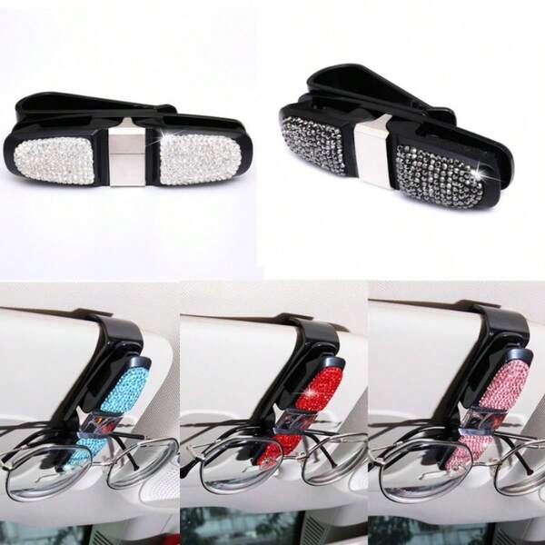 1pc Adjustable Universal Car Glasses Clip Rhinestone Decorate Car Sunshade Glasses Holder Auto Sun Visor Sunglasses Bracket With Card Bill Ticket Organizer And Eyewear Holder Space-Saving Storage Clip For Glasses, Tickets & Cards