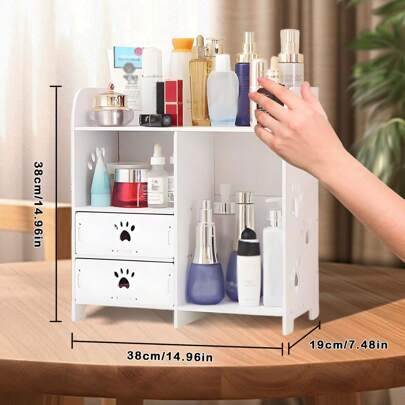 Gabinete de almacenamiento blanco de 1 pieza, botiquín, caja de almacenamiento de cosméticos, estante de almacenamiento, estantería, estante de exhibición, estante de especias, estante de ducha, estante de pared de almacenamiento, artículos para el hogar, diseño hueco con estampado de pata de gato, con cajón, extraíble, adecuado para dormitorio, baño , salón, cocina