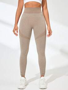 1pc Women's Seamless High Waist Shaping Slimming Black Solid Leggings, Warm Breathable Stretchy Fabric, Suitable For Fitness Outdoor Sports, Essential Christmas Apparel - Brown - View 5