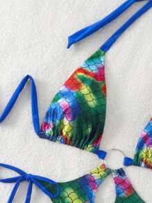 1 pièce Maillot de bain une pièce d'été pour femmes avec impression écaille de poisson, détails d'anneau métallique, laçage et dos nu sexy et évidé, à coupe haute
