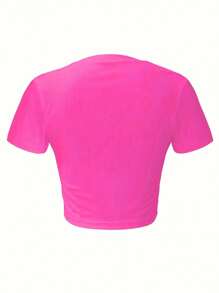 New Crop Top With Round Neck And Short Sleeves Dominican Republic Letter Print Women's Casual Simple Fitted Short Crop Top - Màu Hồng Tươi - Xem 2