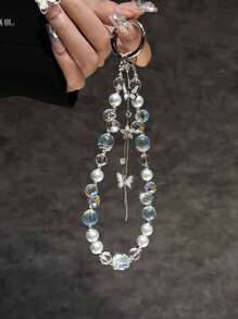 Luxury Sparkle Butterfly Rhinestone Bead Phone Bracelet Strap Charm Chain Knot Cellphone Lanyard Keychain Bag Camera Keychain Pendant - Butterfly Beads - View 16