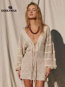 Sexy Deep V-Neck Lace-Up Bell Sleeve Knit Mesh Hollow Out Beach Mini Dress Swimsuit Cover Up Women Summer Casual Tunic
