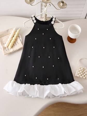 年轻女孩黑色派对公主裙，配有手工珍珠和花朵装饰，简约宴会礼服，配有白色下摆，最佳生日礼物