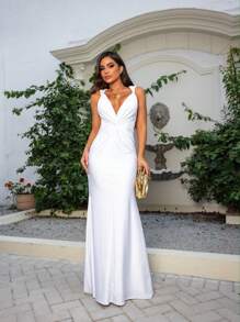 Long Mermaid Party Dress With Sheath Neckline For Bridesmaid Prom Graduation Elegant Event - 白色 - 查看 1