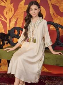 Tween Girl Elegant Rope Embroidery & Beaded Dress - Apricot - View 6